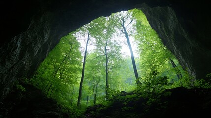 Aufkleber - Lush green trees growing inside a cave showcasing natural beauty and tranquility : Generative AI