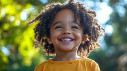 Poster - A young child beams with a bright smile while enjoying the warm sun in a lush green park. The playful spirit and joyful expression capture the essence of childhood bliss surrounded by nature
