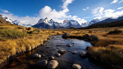 Aufkleber - Stunning landscape of rugged mountains with a river flowing through a golden grass field under a clear sky : Generative AI