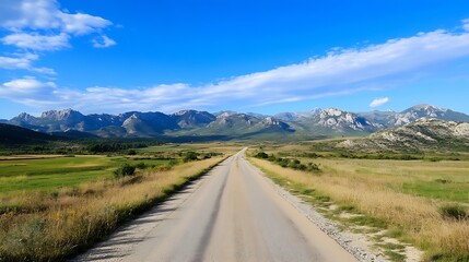 Canvas Print - Scenic Dirt Road Leading into Majestic Mountains Under Clear Blue Sky : Generative AI