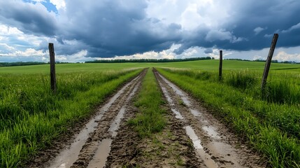 Poster - Rural Pathway Lined with Green Grass and Distant Cloudy Sky to Explore Nature : Generative AI