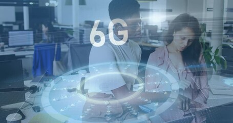 Poster - In modern office, diverse professionals using animation for 6G technology concept
