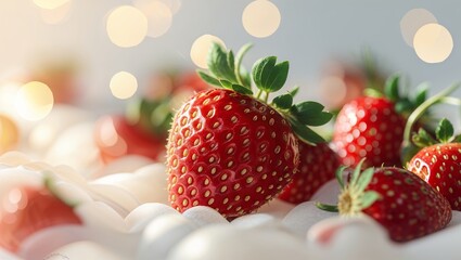 Poster - fresh strawberries arranged on a white surface with a soft glowing background highlighting their vib
