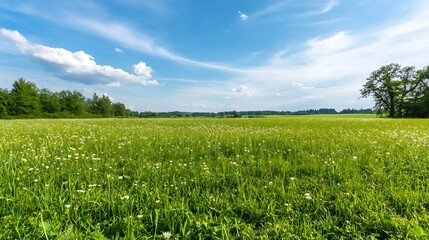 Poster - Scenic wide open green field under a bright blue sky with fluffy white clouds : Generative AI