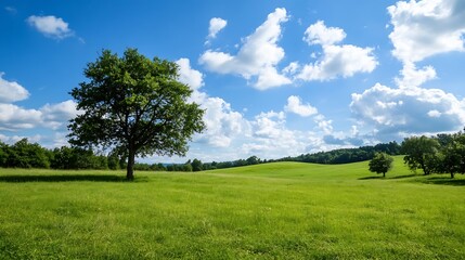 Canvas Print - Lush Green Meadow with a Single Tree and Beautiful Cloudy Sky : Generative AI