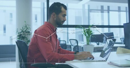 Poster - Working in office, man in red shirt using laptop with animation graph
