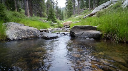 Canvas Print - Serene Stream Flowing Through Lush Green Meadow Surrounded by Towering Trees in Nature : Generative AI