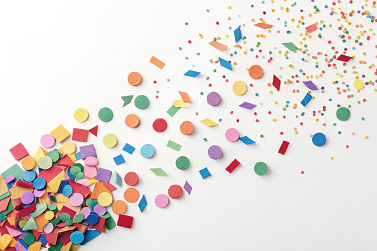 A digital illustration of a dynamic and festive layout of golden confetti scattered across a white background.
