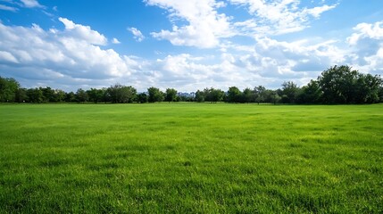 Wall Mural - Vibrant Green Grass Field Under Bright Blue Sky with Fluffy Clouds on Sunny Day : Generative AI