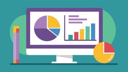 Poster - Colorful vector illustration of a computer screen displaying charts and graphs in a modern workspace setting