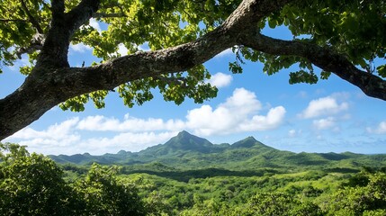 Canvas Print - Breathtaking View of Majestic Mountains Framed by Lush Green Trees Under a Clear Blue Sky : Generative AI