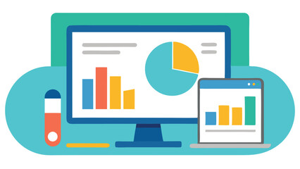 Poster - Colorful vector illustration of a computer screen displaying charts and graphs in a modern workspace setting