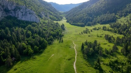 Canvas Print - Aerial View of Lush Green Valley Surrounded by Mountains Ideal for Nature Lovers : Generative AI