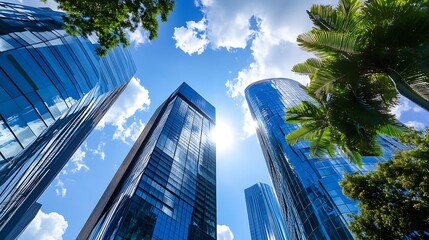 Poster - Tall Skyscrapers and Palm Trees Against a Blue Sky with Bright Sunlight in Urban Setting : Generative AI