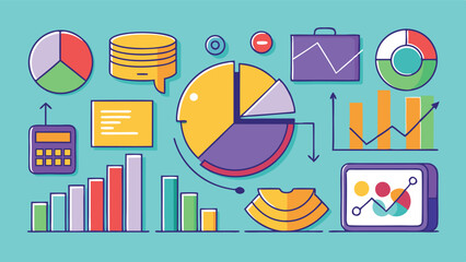 Poster - Colorful vector illustration featuring various data visualizations and analytics tools on a bright background suitable for presentations and reports