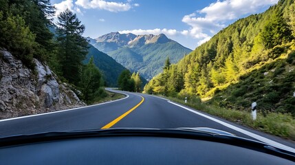 Poster - Scenic Drive Through a Winding Mountain Road Surrounded by Lush Green Trees : Generative AI