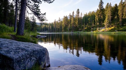 Canvas Print - Peaceful forest lake reflecting tall pine trees and blue sky atmosphere : Generative AI