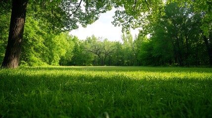 Poster - Lush Green Field Surrounded by Majestic Trees Under Bright Sunshine : Generative AI
