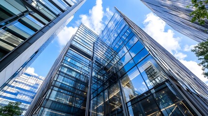 Poster - Stunning View of Modern Skyscrapers and Reflections on Glass Facades Under Bright Blue Sky : Generative AI