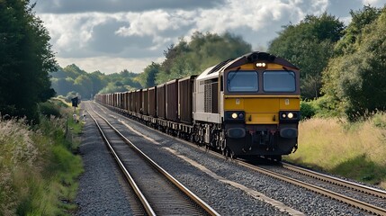 Poster - Freight Train Traveling Through Scenic Green Landscape Under Cloudy Sky : Generative AI