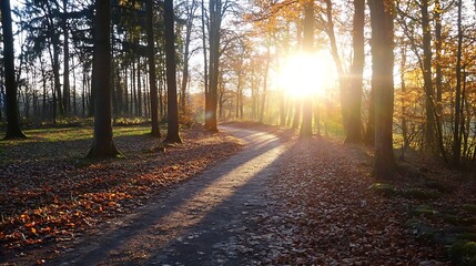 Poster - Golden Hour Glow on a Quiet Path in a Scenic Autumn Forest : Generative AI