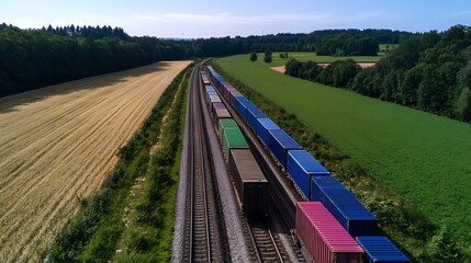 Fototapete - Aerial View of Cargo Train on Tracks Surrounded by Lush Fields and Forest : Generative AI