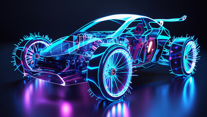 Poster - Glowing modern car 3D render on a black background with futuristic light effects