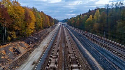 Poster - Aerial view of railway tracks surrounded by colorful autumn trees and cloudy sky : Generative AI
