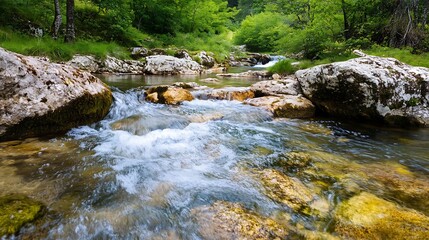Poster - Serene Water Stream Flowing Through a Lush Forest Landscape : Generative AI