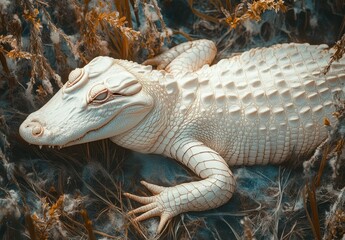 Poster - Captivating Portrait of an Albino Alligator Resting on Vibrant Natural Vegetation in a Serene Setting with Warm Tones and Textured Background