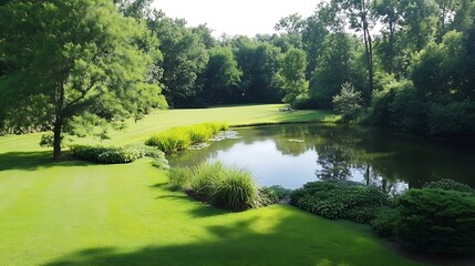 Canvas Print - Tranquil green landscape with pond reflecting blue sky and lush trees in bright daylight : Generative AI