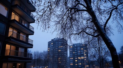 Poster - Twilight Urban Scene Featuring Sleek Modern Buildings Against Winter Sky : Generative AI
