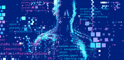 Poster - Digital vector illustration depicts artificial intelligence through a pixelated face and code snippets, symbolizing technology, data, and machine learning in a blue color scheme.