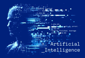 Aufkleber - Digital vector illustration depicts artificial intelligence through a pixelated face and code snippets, symbolizing technology, data, and machine learning in a blue color scheme.