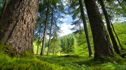 Poster - Lush Green Forest with Tall Trees and Clear Blue Sky Beneath the Canopy : Generative AI