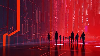 Poster - Futuristic Neon Silhouettes Mysterious Figures in Red and Blue Digital Environment with Technology and Innovation