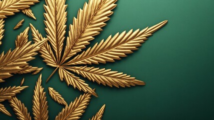 Aufkleber - Gold leaf against a green background with natural elements and textures in close up photography