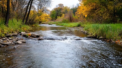 Poster - Serene Autumn Landscape with a Calm Stream Flowing Through a Colorful Forest : Generative AI