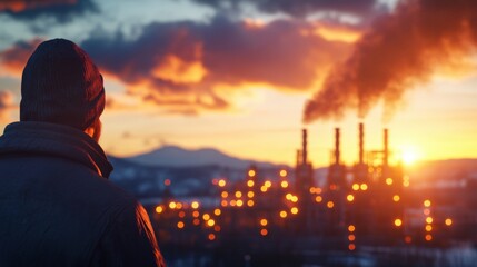 Poster - Person standing in front of city skyline at sunset with colorful sky and urban landscape