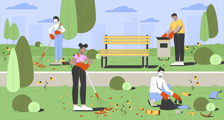 Poster - Public park cleanup volunteers flat illustration. Community service. Removal litter. Diverse people picking up trash and raking leaves 2D characters cartoon background. Colorful scene vector art image