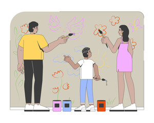 Poster - Community wall mural painting 2D vector illustration. Child creativity. Black family with son paint brushing on public wall flat characters isolated on white background. Colorful cartoon image