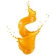 © Vom Baty - a thick splash of orange juice in mid-air on a white background. The juice swirls into a vibrant, dynamic spiral.