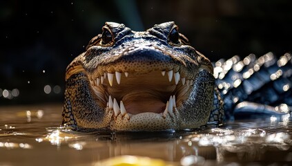 Poster - Close-Up of a Alligator Head Emerging from Water with Open Mouth and Sharp Teeth in Natural Habitat Showcasing Intricate Details and Textures