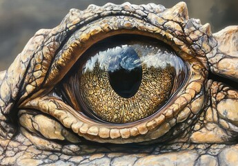 Poster - Close-Up of a Captivating Reptile Eye Reflecting Nature's Beauty with Intricate Textures and Unique Patterns Ideal for Wildlife Photography Projects