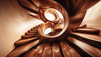Poster - Coiled metallic staircase spirals upward in a warm-toned abstract environment