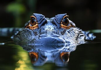 Poster - Close-Up of a Crocodile Emerging from Water with Intense Eyes and Glimmering Reflection in a Serene Natural Habitat in Ambient Light
