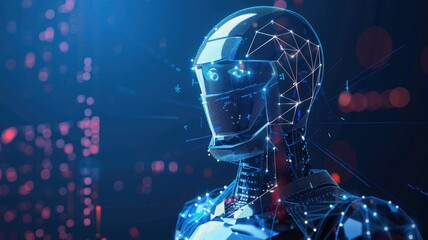 Poster - Science fiction picture of high tech robots for chat bot program, assistance technology about information with deep learning. Futuristic artificial innovative machine assist with intelligence. AIG53.