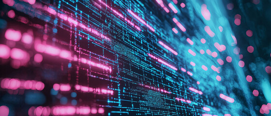Poster - A vibrant, abstract depiction of digital data streams featuring bright pink and blue lines against a dark background, representing technology and connectivity.