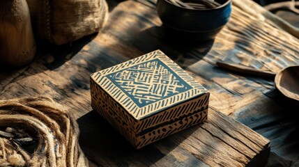 Poster - Ornate handcrafted wooden box with intricate tribal patterns resting on rustic wooden surface in natural light