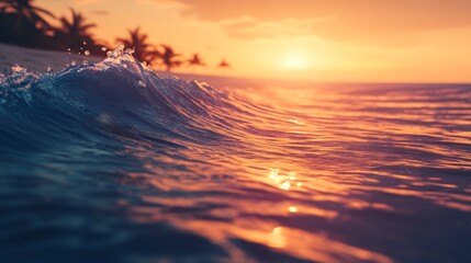 Aufkleber - Golden sunlight dances on gentle ocean waves, creating a serene atmosphere as the sun sets on a distant horizon. Palm trees frame the peaceful beach scene, inviting relaxation